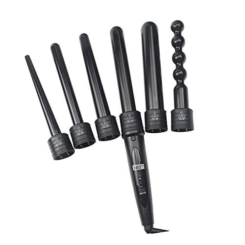 ABHI 6 in 1 Hair Curler Wand with LCD Display Adjustable Temperature PTC Fast Heat Up 18-32mm Interchangeable Ceramic Barrel Hair Curling Irons - Black
