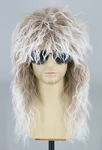 Topcosplay 80s Wig for Men and Women Mullet Wig Rock Disco Wig Long Curly Brown Gradient White