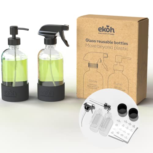 EKOH 2 Pack Glass Countertop Soap Dispensers - Refillable & Reusable with Silicone Protective Base and Preprinted Labels - for Kitchen and Bathroom (Clear)