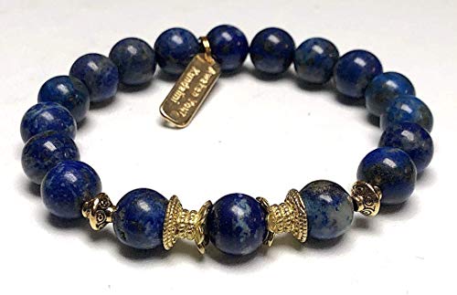 Stunning lapis lazuli bracelet Yoga Jewelry wrist mala Fifth chakra Throat Chakra Big 10 mm unisex stretch bracelet | Energized chakra bracelet | w/zinc alloy gold plated spacers (Style-1)