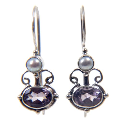 NOVICA Artisan Handmade Amethyst Cultured Freshwater Pearl Drop Earrings .925 Sterling Silver Purple White Indonesia Birthstone 'Sunrise Spirit'