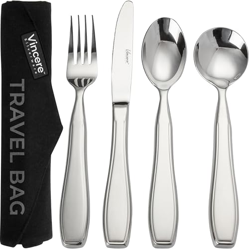 Weighted Utensils for Tremors and Parkinsons Patients - Heavy Weight Stainless Steel Silverware Set, Adaptive Eating Flatware Helps Hand Tremors, Parkinson, Arthritis - Knife, Fork, 2 Spoons & Bag