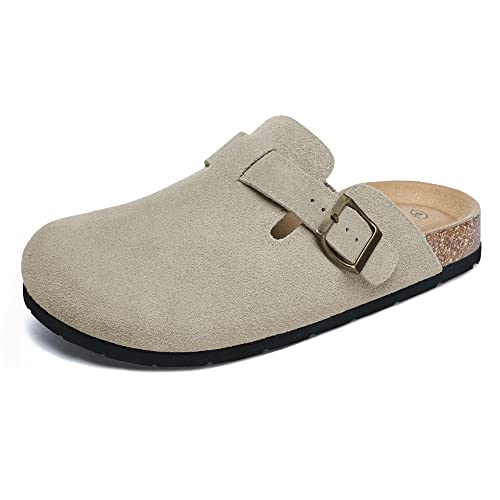 Xiakolaka Women's Suede Clogs Adjustable Buckle Slip on Footbed Home Clog Slippers Beige Size 8