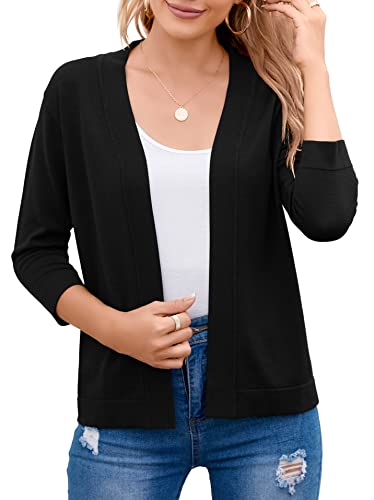 Bettysays Women's Casual Lightweight Summer Cardigan Cropped Jacket 3/4 Sleeve Knit Sweater (Medium,Black)