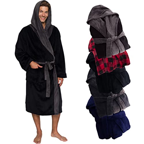 Ross Michaels Mens Robe Hooded Wrap Style - Mid Length Plush Fleece Bathrobe (Black & Gray, 2X-Large)