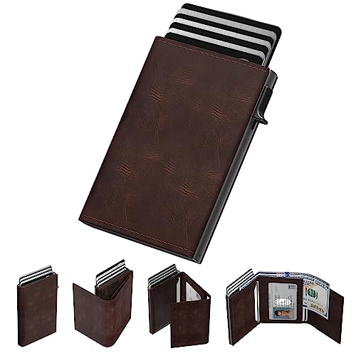 typecase Mens Wallet Card Holder: Pop Up Aluminum Case, RFID Blocking, Carbon Fiber Leather, Smart, Slim, Minimalist, Front Pocket - 9-14 Card Capacity | ID Window | Cash Slot (Brown)