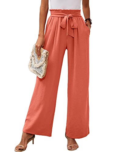 Heymoments Women's Wide Leg Lounge Pants with Pockets Coral X-Large Lightweight High Waisted Adjustable Tie Knot Loose Comfy Casual Trousers