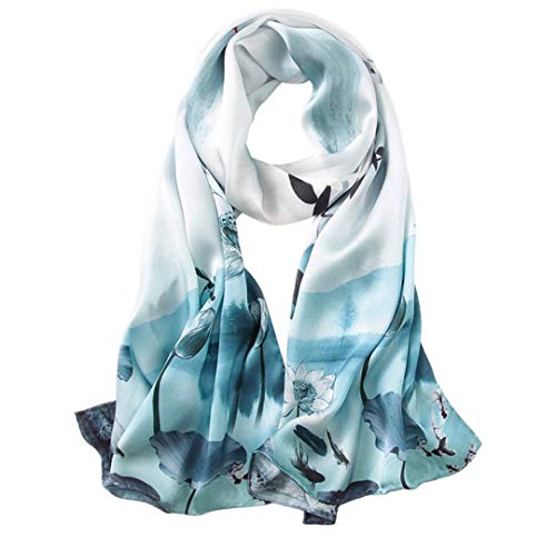 ANDANTINO 100% Mulberry Silk Long Scarf for Women Large Shawls for Headscarf and Neck- Oblong Hair Wraps with Gift Packed (Wash Painting-Lotus)
