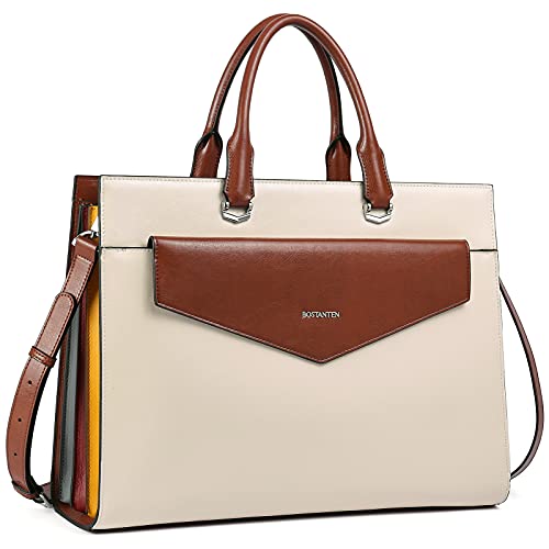 BOSTANTEN Briefcase for Women Laptop Tote 15.6 Inch Genuine Leather Handbag Work Bag Beige