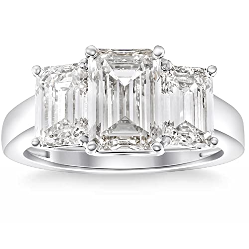 Pompeii3 14k White Gold 3.55Ct Emerald Cut Lab Grown Three Stone Diamond Engagement Ring