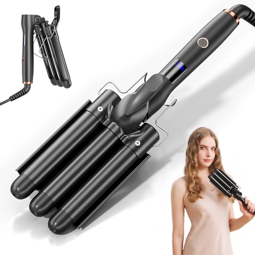 Hair Crimper 1 Inch, 3 Barrel Beach Waver Curling Iron, Foldable 25mm 3 Barrel Hair Waver, 4 Temperature Settings Adjustable Heat Up Quickly Hair Curler Curling Wand