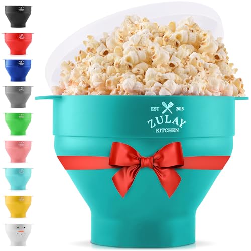 Zulay Kitchen Large Microwave Popcorn Maker - BPA-Free Silicone Popcorn Popper - Microwave Collapsible Bowl With Lid - Family Size Microwave Popcorn Bowl - 15 Popcorn Cup Capacity (Aqua)