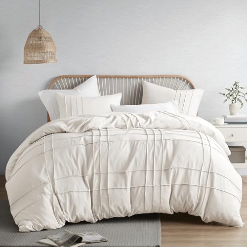 Comfort Spaces Cream King Size Comforter Set - 3 Pieces Pintuck Pleated Bedding Sets King, All Season Lightweight, Extra Softness Pre-Washed Microfiber King Bed Set, Shams, King/Cal King