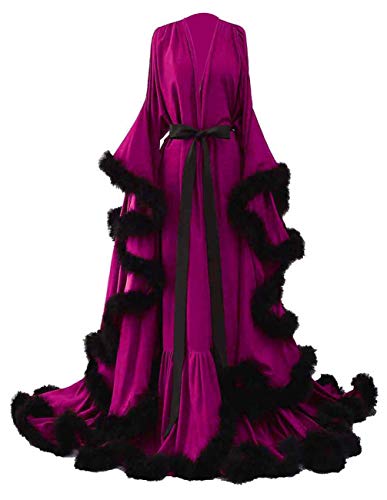 yinyyinhs Womens Sexy Feather Bridal Robes Silk Satin Maternity Robes For Photoshoot Long Nightgown Bathrobe Sleepwear Fuchsia-Black XXXL