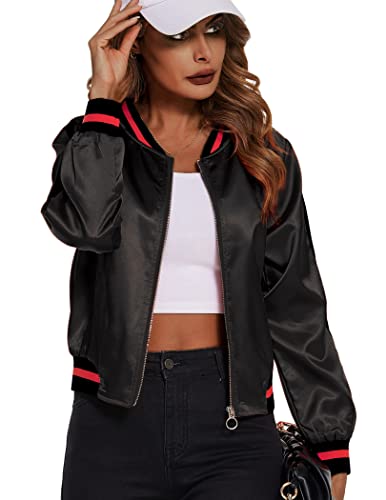 Zeagoo Womens Classic Solid Striped Biker Jacket Zip Up Fashion Bomber Jacket Coat, Black, Medium