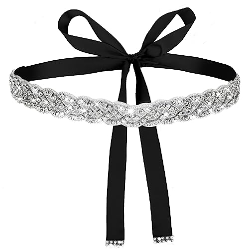 Amaxiu Handcrafted Bridal Rhinestone Wedding Belt for Women, Bling Crystal Belts Glitter Ribbon Women lightly Belt for Jeans Dress Shiny Party Waist Belt (Black)