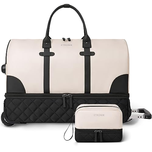 ETRONIK Rolling Duffle Bag with Wheels, 21 Inch Flight Approved Duffle Bag for Travel with Toiletry Bag, Carry on Luggage Travel Bags for Women with Shoe Compartment, Beige