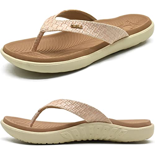 KuaiLu Flip Flops for Women Ladies Yoga Mat Comfortable Sport Walking Thong Sandal With Plantar Fasciitis Arch Support Slip-on Slides Indoor Outdoor For Summer Size 8 Beige White