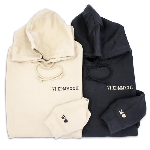 Nazenti Custom Embroidered Roman Numeral Hoodie, Matching Hoodies for Couples, Custom Couples Hoodies, Hoodies for Boyfriend Girlfriend, Matching Couple Hoodies with Initial Heart, Valentines Day
