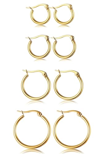 ORAZIO 4 Pairs Stainless Steel Hoop Earrings Set Cute Huggie Earrings for Women,Gold-Tone,10MM-20MM
