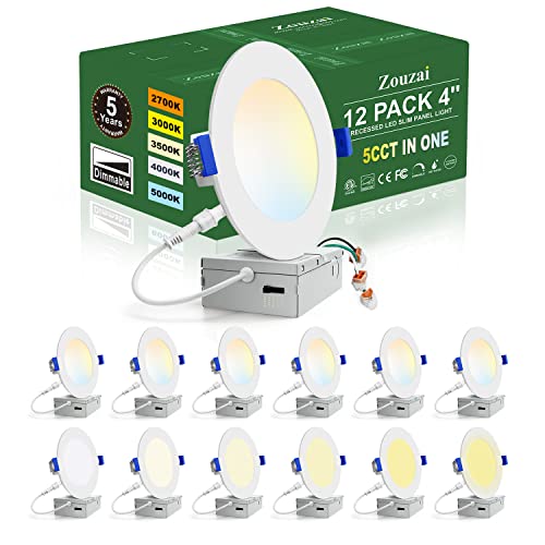 zouzai 12 Pack 4 Inch 5CCT Ultra-Thin LED Recessed Ceiling Light with Junction Box, 2700K/3000K/3500K/4000K/5000K Selectable, 9W Eqv 80W, Dimmable, led can Lights - ETL and Energy Star Certified