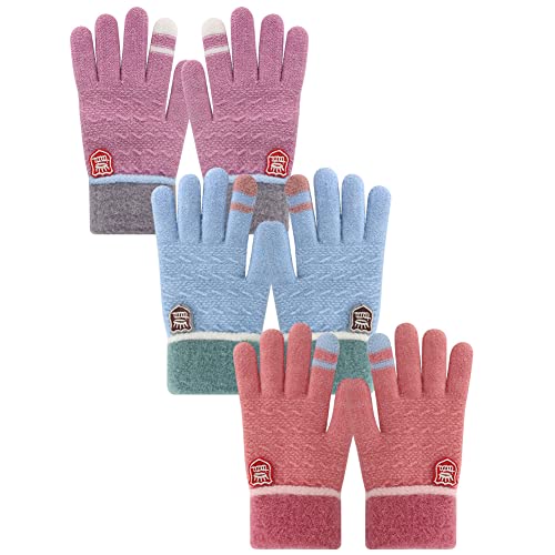 Winter Gloves for Toddler Kids - 3 Pairs Boys Girls Soft Warm Wool Lined Gloves Full Finger Children Thermal Knit Gloves (Pink/Sky-blue/Purple, 1-5 years old)