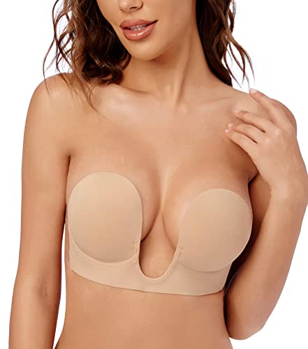 Wekofi Women's Plunge Backless Strapless Bra Push Up Adhesive Sticky Invisible Padded Underwire Bra(B,Brown)