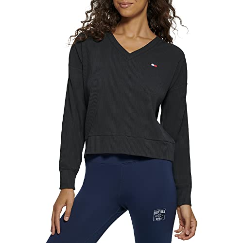 Tommy Hilfiger Women's Brushed Rib Fabric Embroidered Flag Logo Pullover V-Neck Long Sleeve, Black, Small