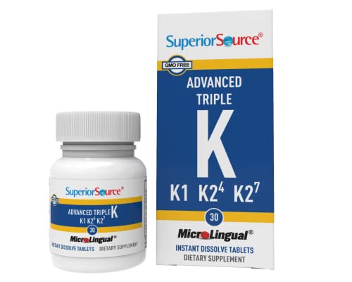 Superior Source Triple K, 3-in-1 Formula, MK-4 500 mcg, MK-7 50 mcg, K1 500 mcg, Quick Dissolve MicroLignual Tablets, 30 Count, Healthy Bones and Arteries, Immune & Cardiovascular Support, Non-GMO