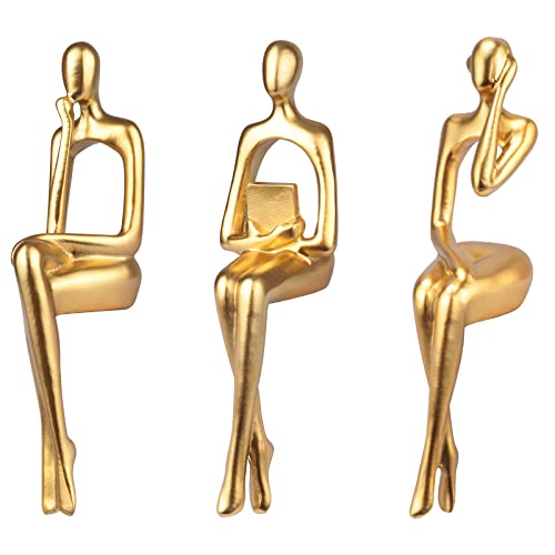 puthiac Modern Golden Bookshelf Decor Set - 3 Piece Gold Statues for Home, Office, and Living Room - Stylish Thinker Figurines for Desk, Table, and Shelf Display