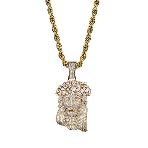 TOPGRILLZ Solid Gold Plated Iced Out Big Baguette Diamonds Jesus Piece Chain for Men Iced Pendant Necklace Chain Hip Hop (Gold Big Jesus)
