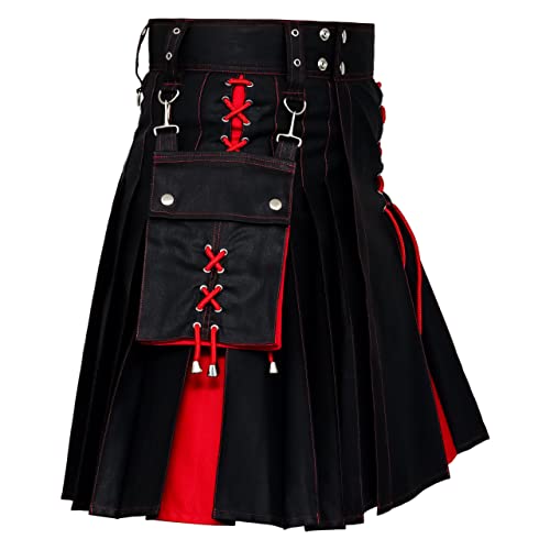 TQP Sottish Modern Two Tone Tassels Kilt for Men-Wedding Kilt (Black & Red Cotton,36in Waist at Belly Button)