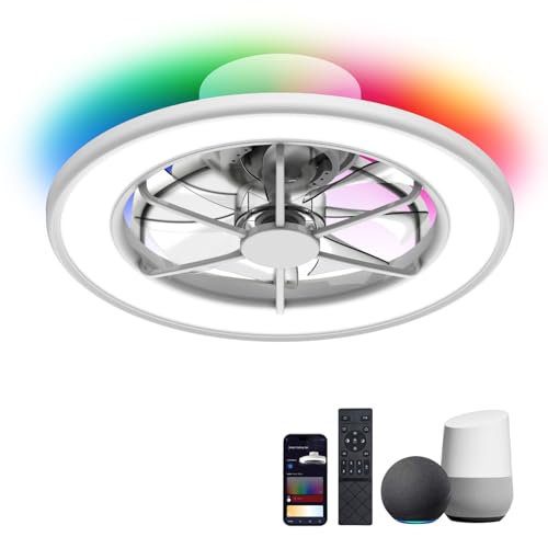 ocioc Low Profile Ceiling Fans with Lights, Smart Ceiling Fans with Alexa/Google Assistant/App Control Color Changing LED-RGB Back Ambient Light for Bedroom