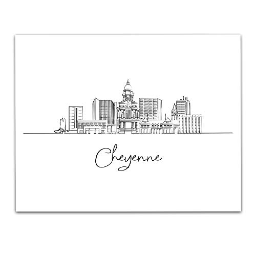 Cheyenne City, Wyoming State Capital City Skyline Landscape - USA Travel Adventures & Vacation Cityscape Wall Art Decor- Unframed 11 x 14 Black & White Print - Anniversary Travel Gift Ideas