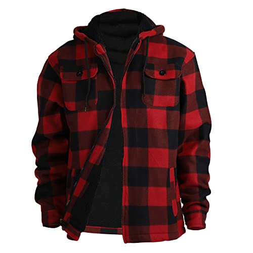 Winter Heavy Warm Sherpa Lined Fleece Plaid Flannel Jacket Men Plus Size S-5XL Big&Tall Mens Coat (Red, Large)