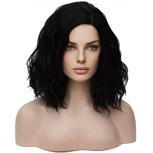 BERON 14' Women Girls Short Curly Bob Wavy Wig Body Wave Halloween Cosplay Daily Party Wigs (Black)