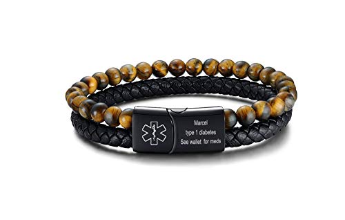 VNOX custom engraving Medical Alert ID Two-Strand Braided Leather Cuff Wristband Rope Bracelet with Stainless Steel for Men Boys,Brown