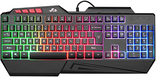 Rii RK202 RGB Gaming Keyboard Multiple Color Rainbow LED Backlit USB Wired Gaming Keyboard,104 Keys Silent Keyboard with Wrist Rest for Windows & Mac PC Gamers (Black)