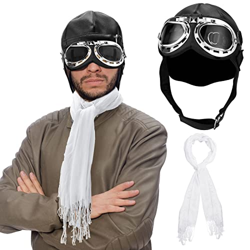 Jecery 3 Pcs Pilot Hat Pilot Goggles Cosplay Costume Set Military Hat Goggles with White Scarf for Men Women Teens Adults Halloween Costume