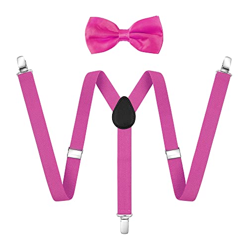 ULEEMARK Suspenders for Men Adjustable Buckle with Strong Clip Hot Pink Bow Tie,Elastic Y Shape Hot Pink Suspenders for Wedding