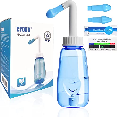 CYOUH Neti Pot Sinus Rinse Bottle Nose Wash Cleaner Pressure Rinse Nasal Irrigation for Adult & Kid BPA Free 260 ML with 60 Nasal Wash Salt Packets and Sticker Thermometer(Blue)