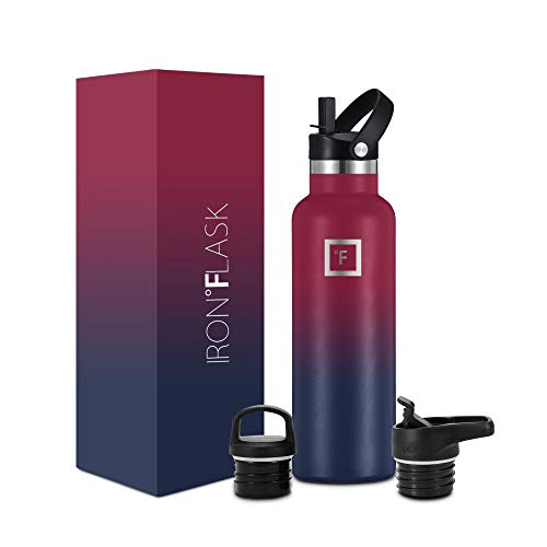 IRON °FLASK Sports Water Bottle - 3 Lids (Narrow Straw Lid) Leak Proof Vacuum Insulated Stainless Steel - Hot & Cold Double Walled Insulated Thermos, Durable Metal Canteen - Dark Rainbow, 20 Oz