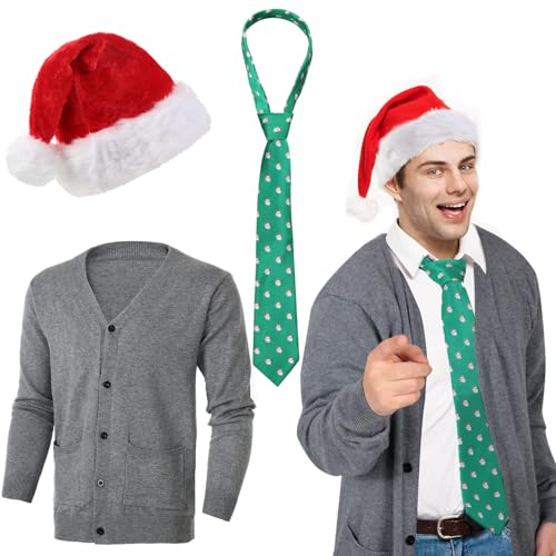 Suhine 3 Pcs Christmas Men 1980s Movie Costume Accessory Cardigan Sweater Christmas Tie Santa Hat for Adults Holiday Party (X-Large)