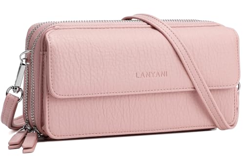 Women Crossbody Wallet RFID Blocking Cell Phone wristlet Purse with shoulder strap small cross body bag （Pink)