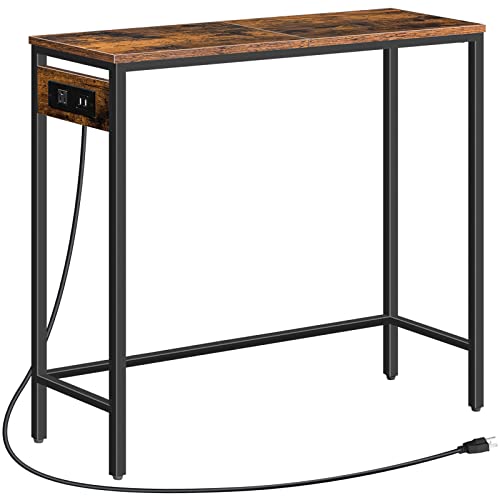 HOOBRO Narrow Console Table with Power Outlets, 29.5' Small Entryway Table with Charging Station, Thin Sofa Table, Side Table, for Hallway, Bedroom, Living Room, Rustic Brown and Black BF75UXG01