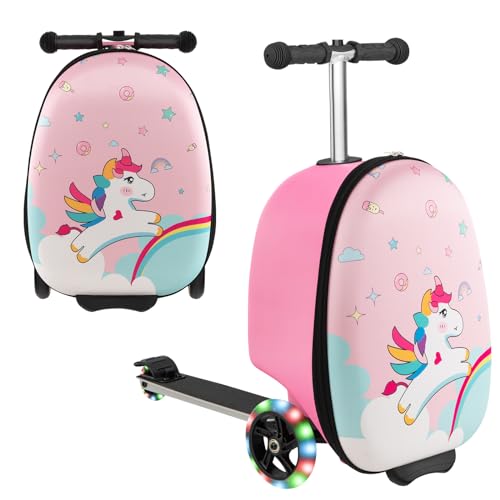 Costzon Kids Folding Ride On Suitcase Scooter, 2-IN-1 Lightweight Skateboard Luggage w/Lighted Wheels, Brake System, Carry on Suitcase for Travel, School, Outdoor (Unicorn)