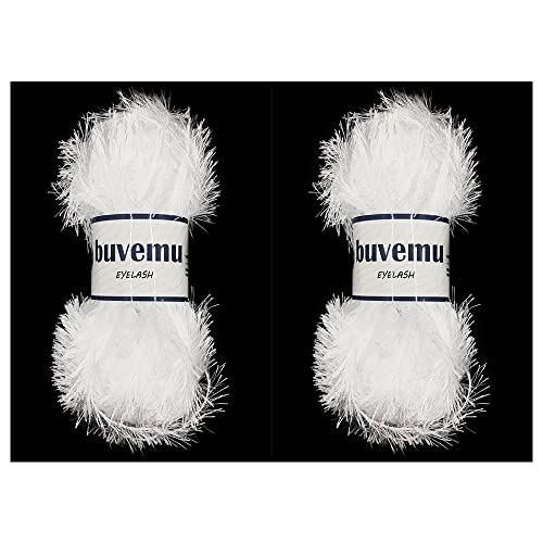 Buvemu Eyelash Fun Fur Yarn 100 Gram (3.53 Ounces) 175 Yards (160 Meters) (Optical White - 2 Skeins)