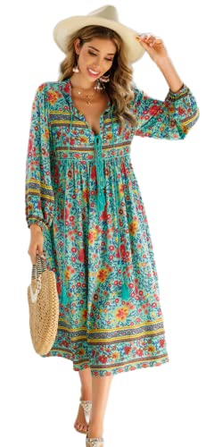 R.Vivimos Women's Long Sleeve Floral Print Retro V Neck Tassel Bohemian Midi Dresses (Small, Green)