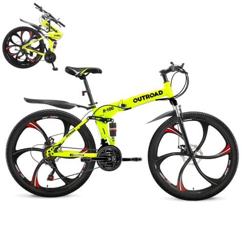 Outroad Folding Mountain Bike 26 Inch for Adult, 21-Speed Dual Suspension High-Carbon Steel MTB Foldable Bicycle, Dual Disc Brake Folding Bikes for Men Women, Black, Orange and Green