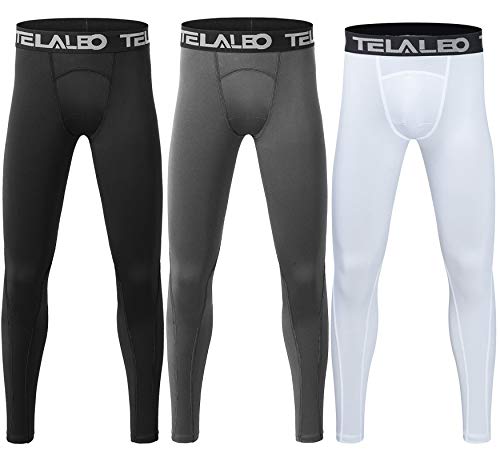 TELALEO 3 Pack Boys' Youth Compression Leggings Tights Base Layer Athletic Pants for Sports Basketball Hockey Baseball Running Black Grey White M02